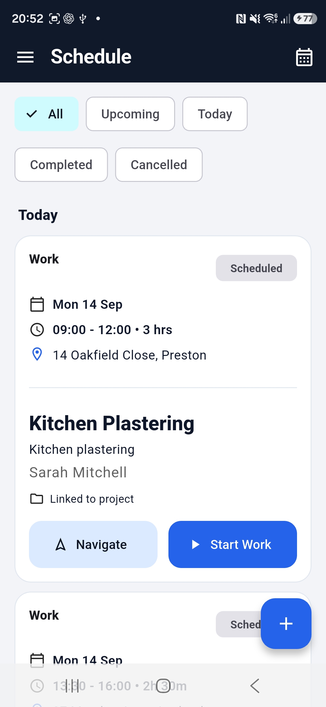 ROCEN schedule showing a booked job with navigation and start work actions